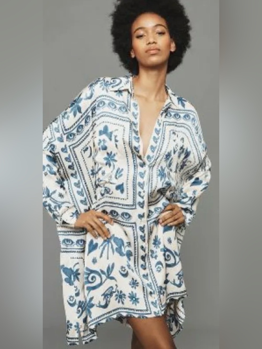 Corey Lynn Calter White and Blue Printed Casual Button-Down Shirt Dress